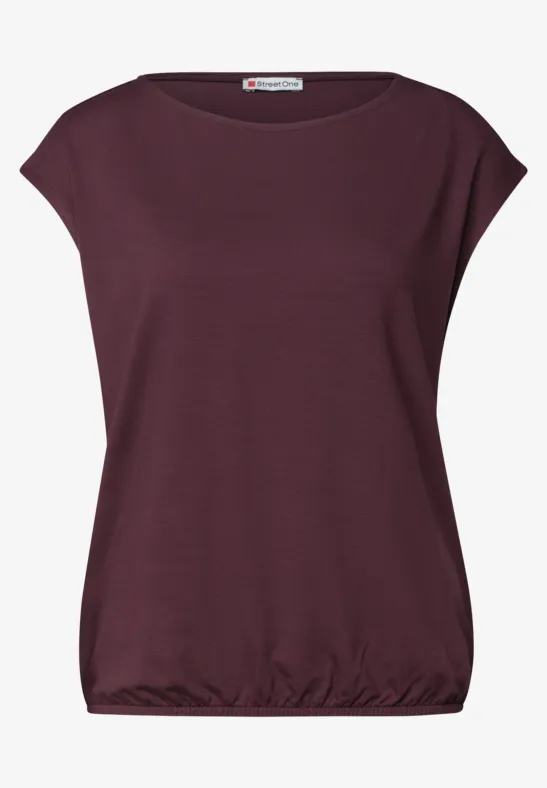 Damen-T-Shirt in Dunkelrot mit Rundhalsausschnitt, überschnittenen Ärmeln und elastischem Saum