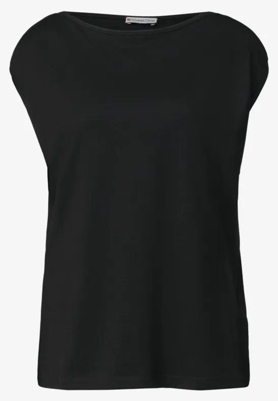 Zwart mouwloos dames topje met ronde hals, eenvoudig en elegant.