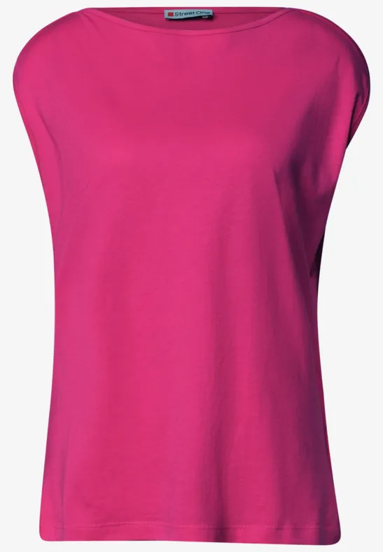 T-shirt sans manches fuchsia, coupe ample, col rond large, uni et épuré.