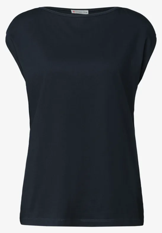 Schlichtes schwarzes T-Shirt mit kurzen Ärmeln und Rundhalsausschnitt.