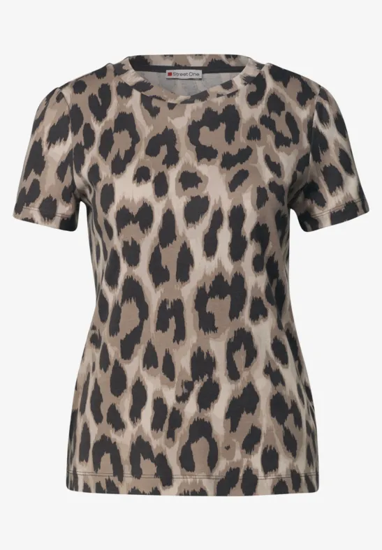 Beige T-shirt met zwart luipaardpatroon en korte mouwen