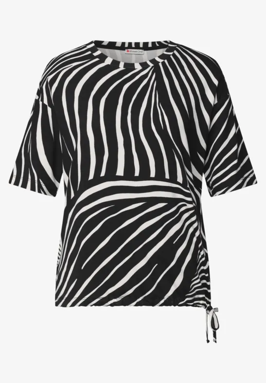 T-shirt manches courtes noir et blanc à motifs zébrés avec cordon latéral
