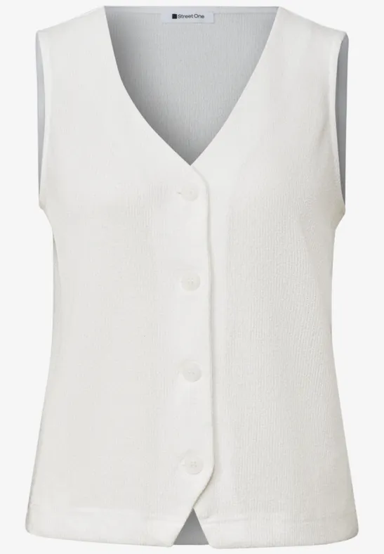 Witte dames top zonder mouwen met V-hals en knoopsluiting.
