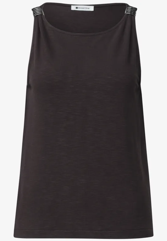 Schlichtes ärmelloses Top in Schwarz mit Rundhalsausschnitt.