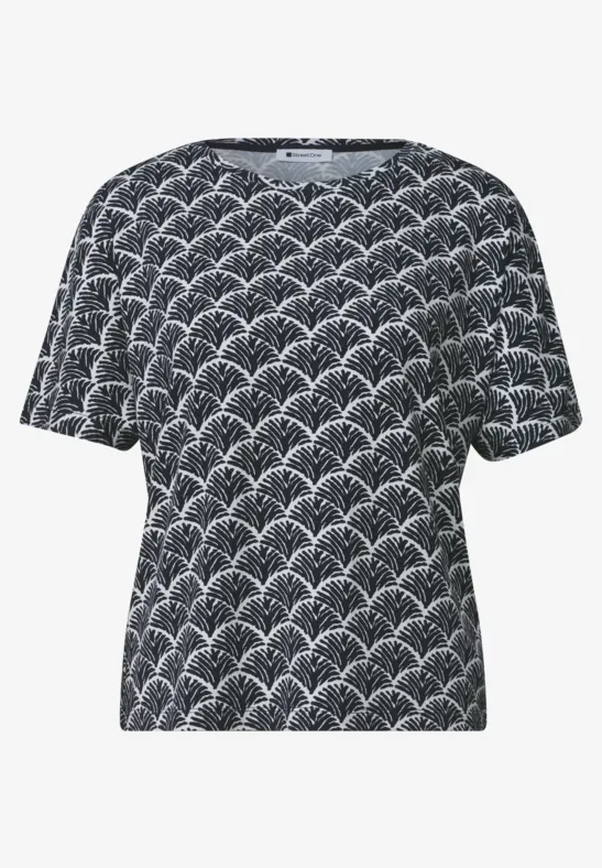 Damen-T-Shirt mit weißem Bogenmuster auf dunkelblauem Grund