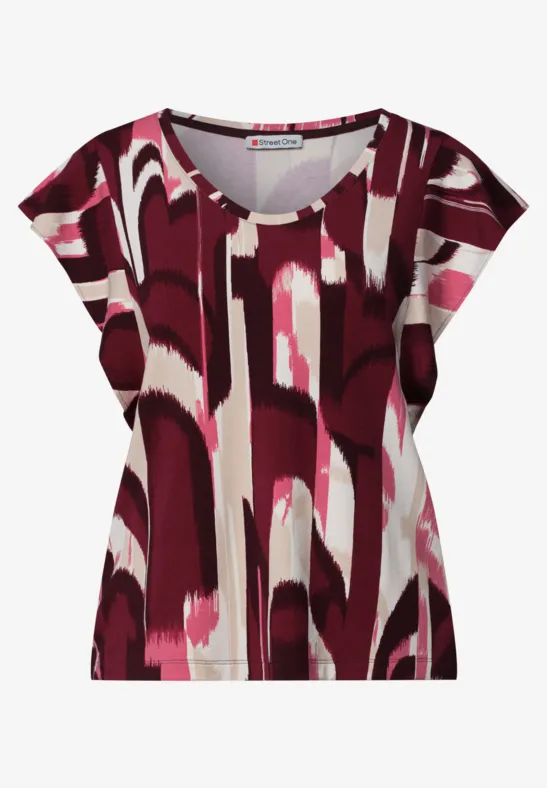 Frauen-T-Shirt mit V-Ausschnitt und abstraktem rot-rosa-weißem Muster.