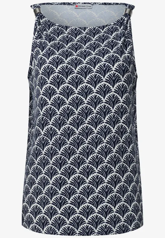 Ärmelloses navyblaues Top mit weißem Fächer-Muster.