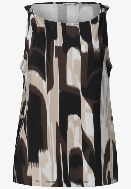 Top sans manches pour femme avec motif abstrait en noir, beige et blanc.