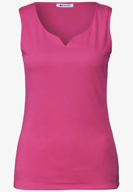 Mouwloos roze dames topje met licht afgeronde V-hals.