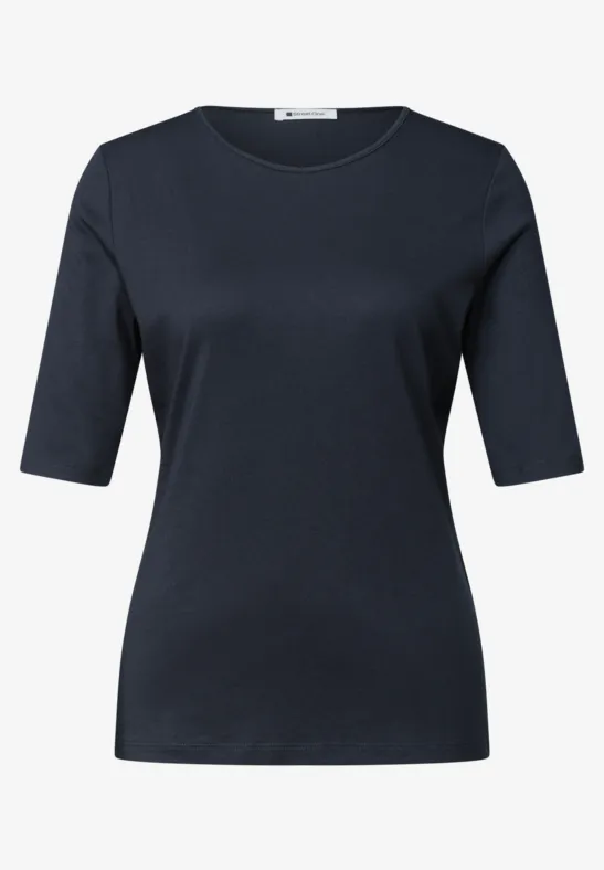 Effen donkerblauw T-shirt met korte mouwen en ronde hals