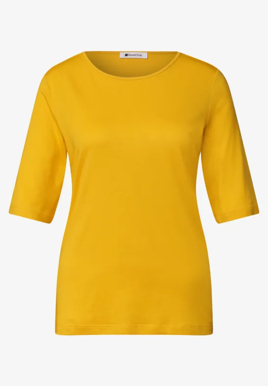 Gele T-shirt met ronde hals en driekwartmouwen