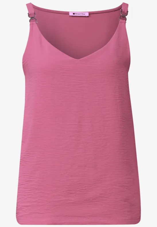 Rosa Damen-Top mit feinen Trägern und V-Ausschnitt aus leicht strukturierter Baumwolle.