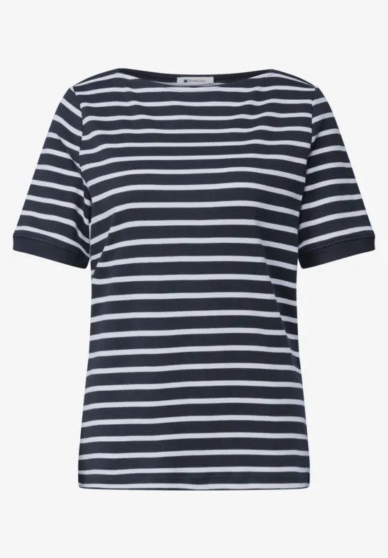 Kurzärmeliges Shirt mit klassischen weißen und dunkelblauen Streifen, legerer Rundhalsausschnitt.