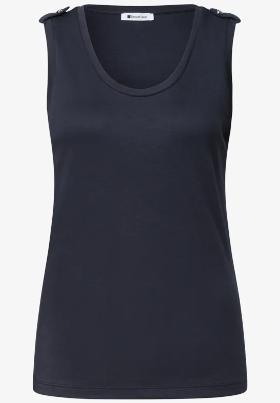Schwarzes ärmelloses Tanktop aus Baumwollmischung mit rundem Ausschnitt.