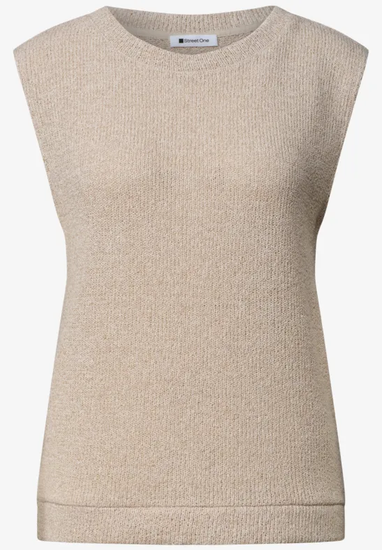 Ärmelloses, glänzendes Strickoberteil in Beige mit dezent metallischem Glitzer und Rundhalsausschnitt.