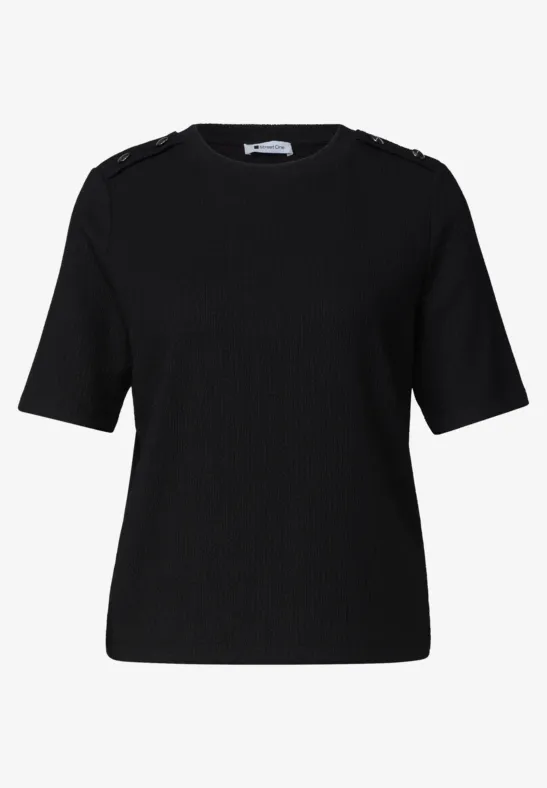 Schwarzes, kurzärmeliges Damenoberteil aus feiner Strickware mit Rundhalsausschnitt.