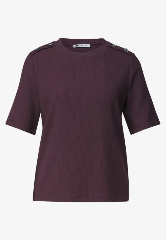 Dunkelviolettes Kurzarmshirt mit Rundhalsausschnitt und Schulterdetails