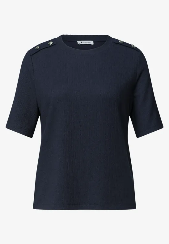 Navyblaues Kurzarm-Strickoberteil mit Schulterknöpfen.