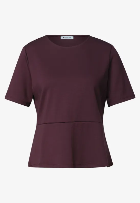 Kurzärmliges, tailliertes Damen-Shirt in dunklem Lila mit leicht ausgestelltem Saum.