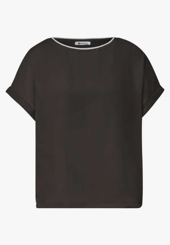 Schwarzes, schlichtes Damen-Shirt mit kurzen Ärmeln und Rundhalsausschnitt.