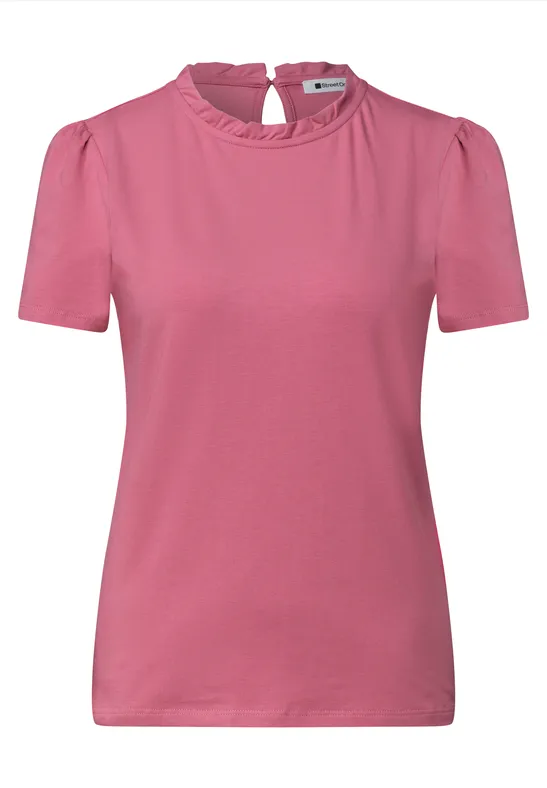 Rosa T-Shirt mit kurzen Ärmeln, Rundausschnitt und dezenter Rüschenkante am Kragen.