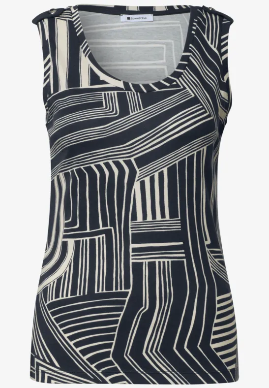 Ärmelloses Top mit schwarz-weißem, geometrischem Linienmuster.