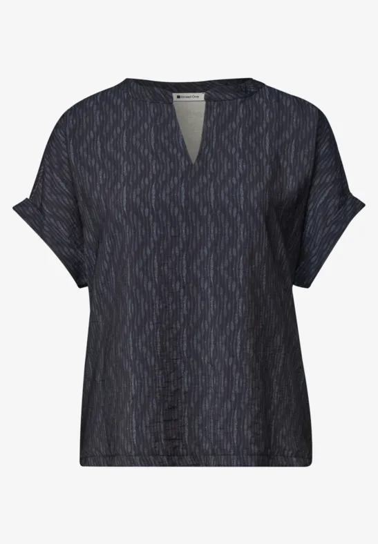 Lockeres Kurzarmshirt mit V-Ausschnitt und dezentem Muster, dunkelblau oder schwarz