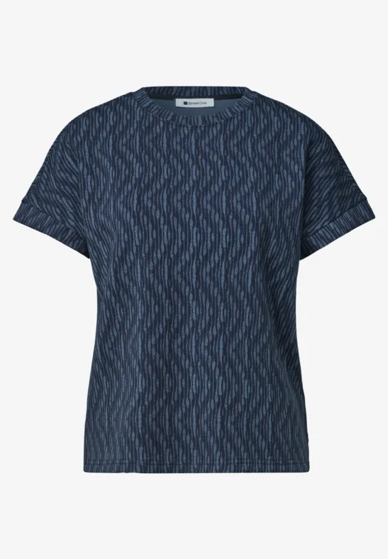 Donkerblauw T-shirt met subtiel zigzagpatroon en korte mouwen.