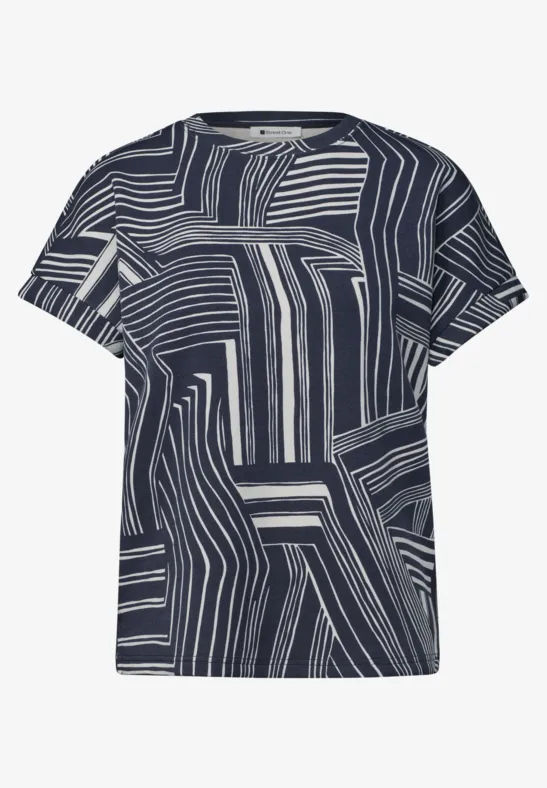 Donkerblauw t-shirt met abstract wit streepjespatroon.