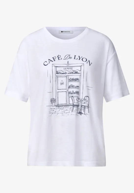 T-shirt blanc avec croquis d'un café 'Café de Lyon' et scène de rue