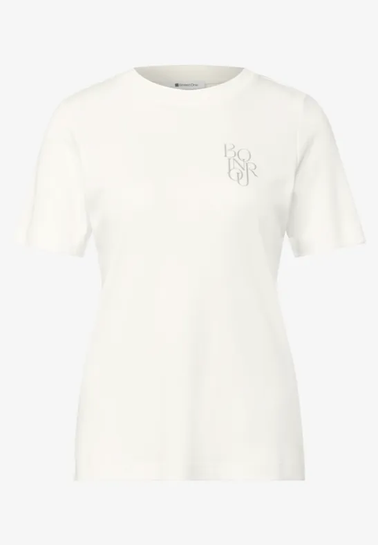 Weißes Kurzarm-T-Shirt mit Rundhalsausschnitt und kleinem Brustlogo.
