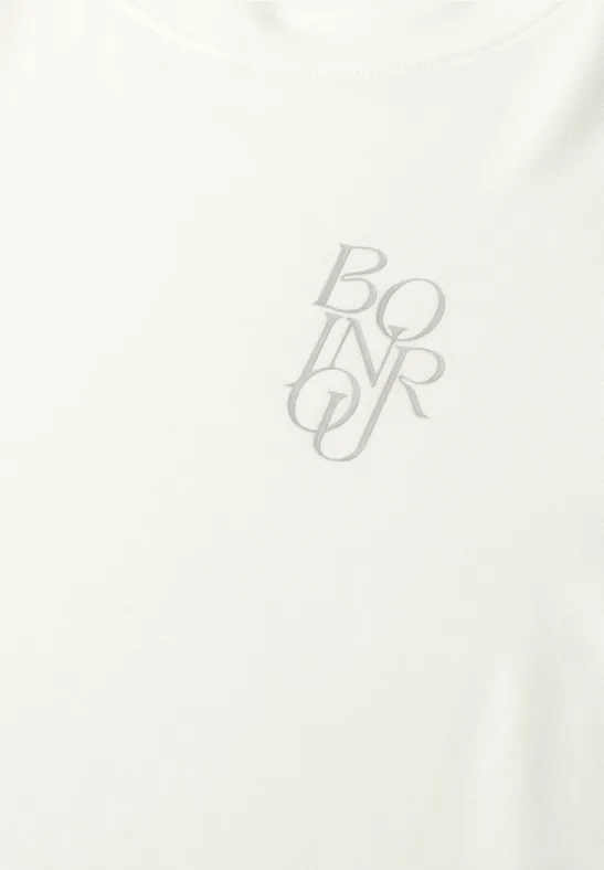 Weißes T-Shirt mit silbernem „BONJOUR“-Schriftzug in eleganter Typografie auf der Vorderseite.
