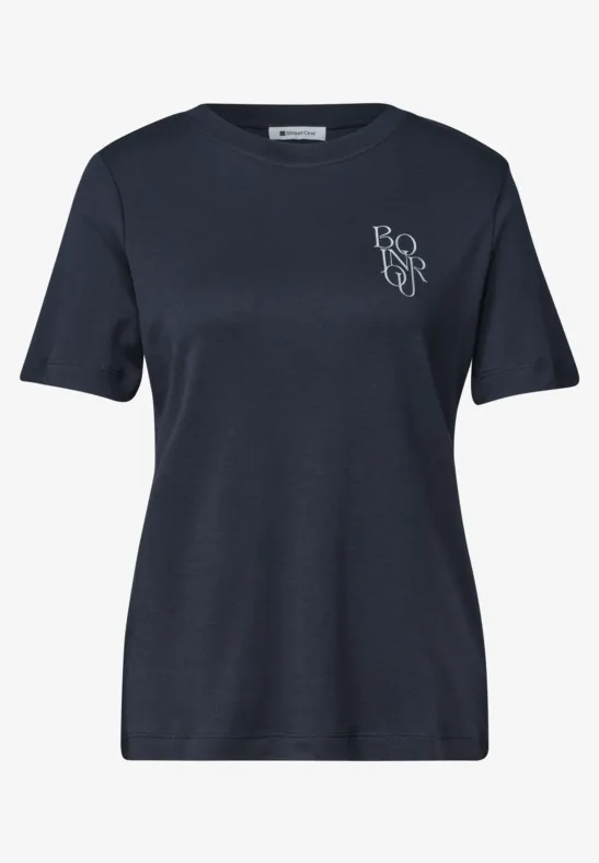 Dunkelblaues T-Shirt mit Rundhalsausschnitt und kleinem 'BORN'-Logo auf der Brust.