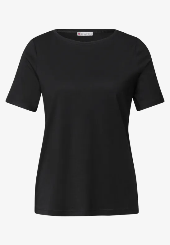 Schwarzes, schlichtes T-Shirt mit Rundhalsausschnitt und kurzen Ärmeln.