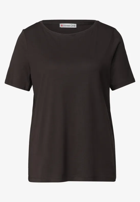 Schwarzes T-Shirt mit Rundhalsausschnitt und kurzen Ärmeln.