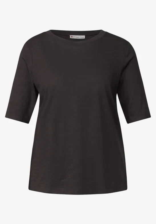 Dunkelgraues Damen-T-Shirt mit halblangen Ärmeln und Rundhalsausschnitt