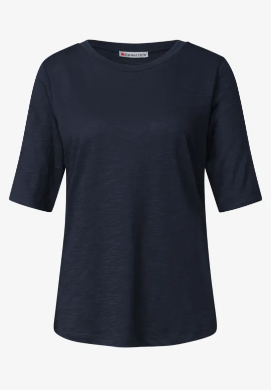 Dunkelblaues, schlichtes kurzärmeliges T-Shirt mit lockerem Schnitt.