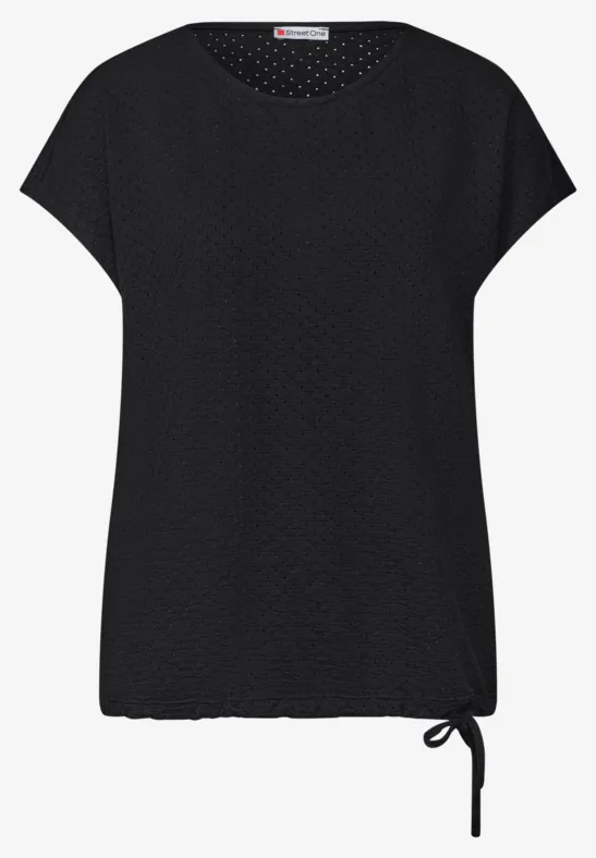Schwarzes Damen-T-Shirt mit kurzen Ärmeln, dezenter Struktur und seitlicher Kordel am Saum