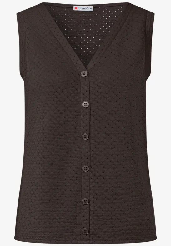 Ärmelloses, schwarzes Stricktop mit V-Ausschnitt und Knopfleiste.