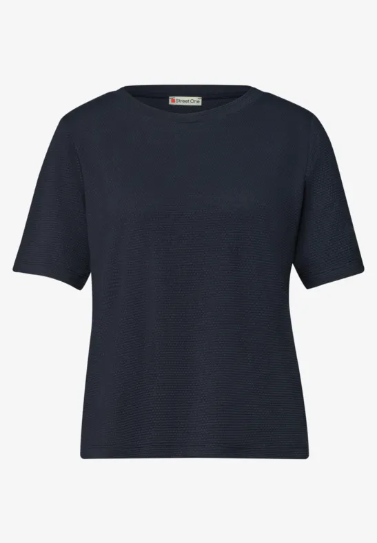 Schlichtes dunkelblaues T-Shirt mit kurzen Ärmeln und Rundhalsausschnitt.