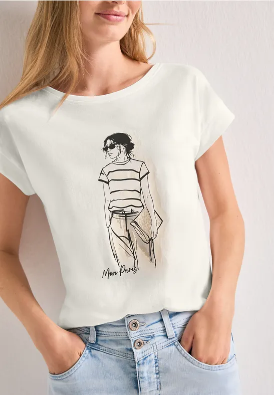 Vrouw in wit shirt met lineaire schets van een vrouw met gestreept topje en spijkerbroek