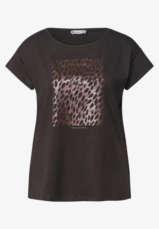 Schwarzes Damen-T-Shirt mit kurzen Ärmeln und quadratischem, glänzendem Leoparden-Print.