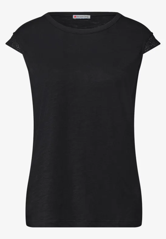 Zwart, eenvoudig dames-T-shirt met korte mouwen en ronde hals.