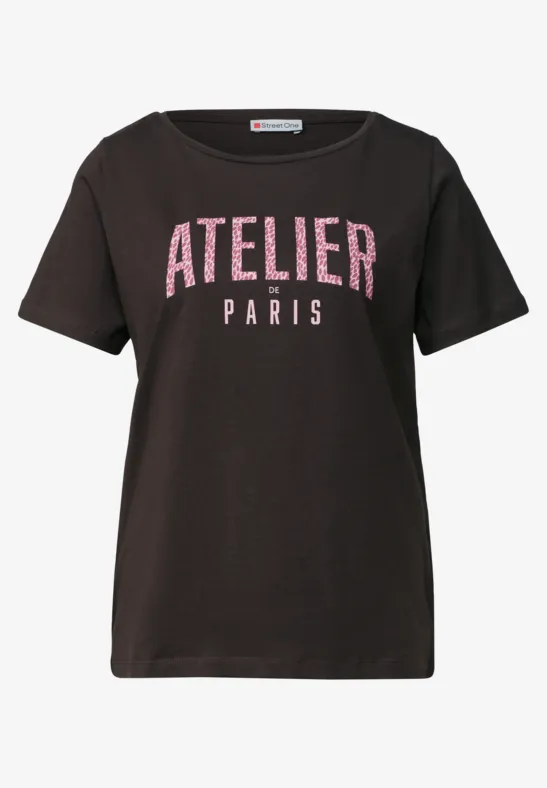 T-shirt noir avec inscription pailletée rose 'ATELIER PARIS'