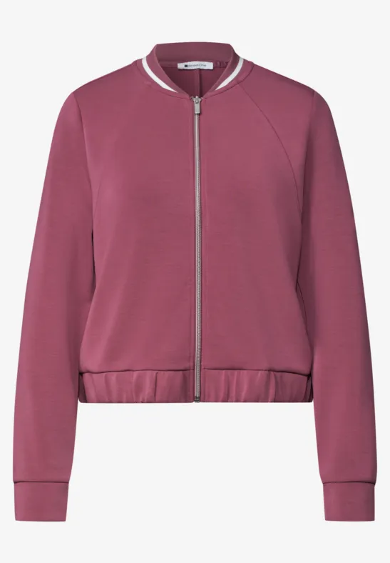 Lila Bomberjacke mit Reißverschluss, langen Ärmeln und elastischem Saum.