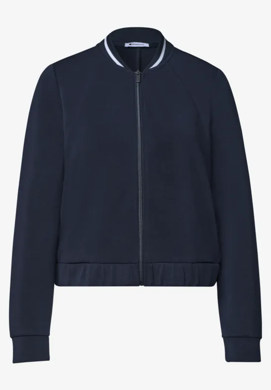 Blouson bomber bleu marine à fermeture éclair, bords-côtes aux poignets et à la taille, style épuré