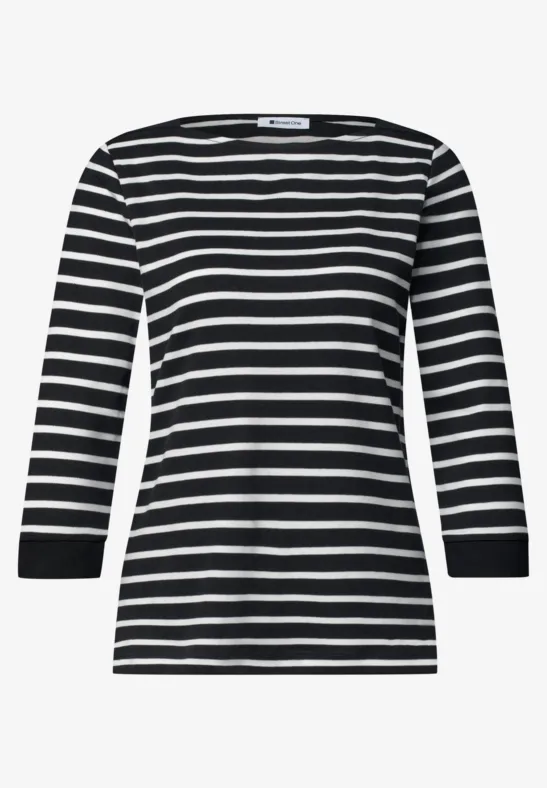 Schwarz-weiß gestreiftes Damen-Shirt mit 3/4-Ärmeln und Rundhalsausschnitt.
