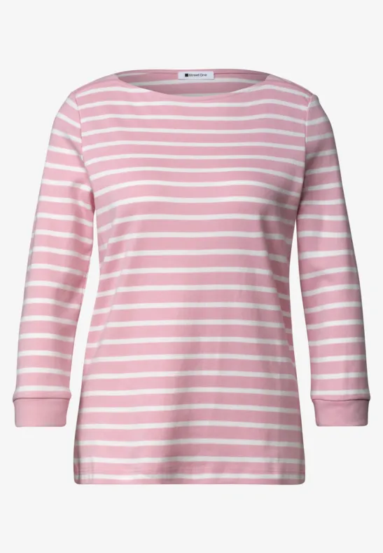 Rosa-weißes Shirt mit 3/4-Ärmeln und horizontalen Streifen