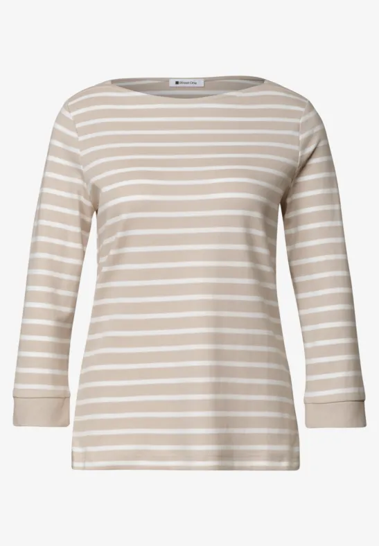 Beige-weiß gestreiftes Langarmshirt mit rundem Ausschnitt und 3/4-Ärmeln