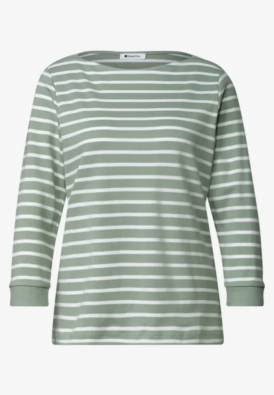 Grünes, gestreiftes Langarmshirt mit weißem Streifenmuster und lässigem Schnitt.